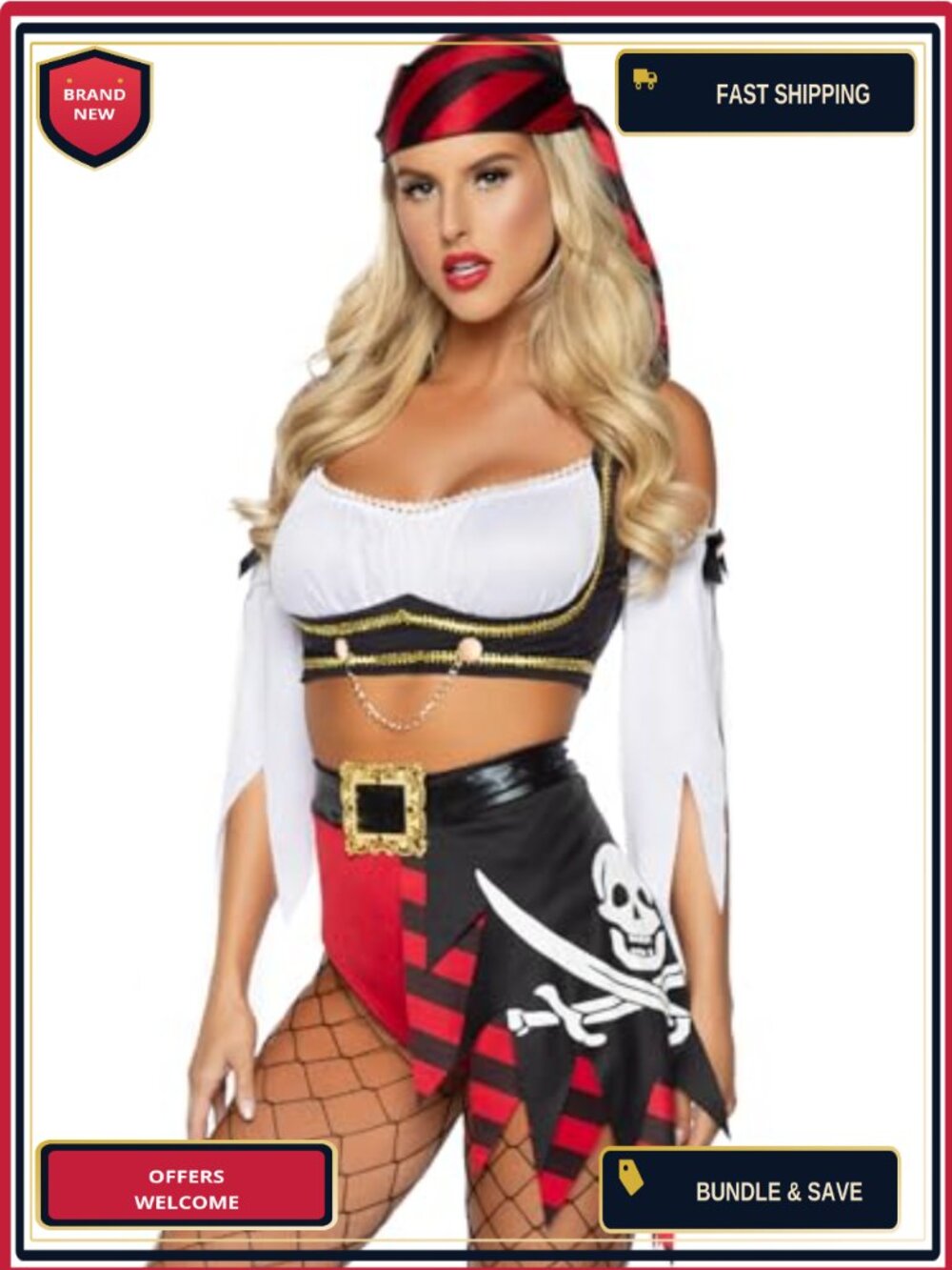 Leg Avenue Wicked Pirate Wench 4-Piece Costume Crop Top High Waist Shorts
